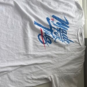 White Sixers T-Shirt with Blue and Red Graphic